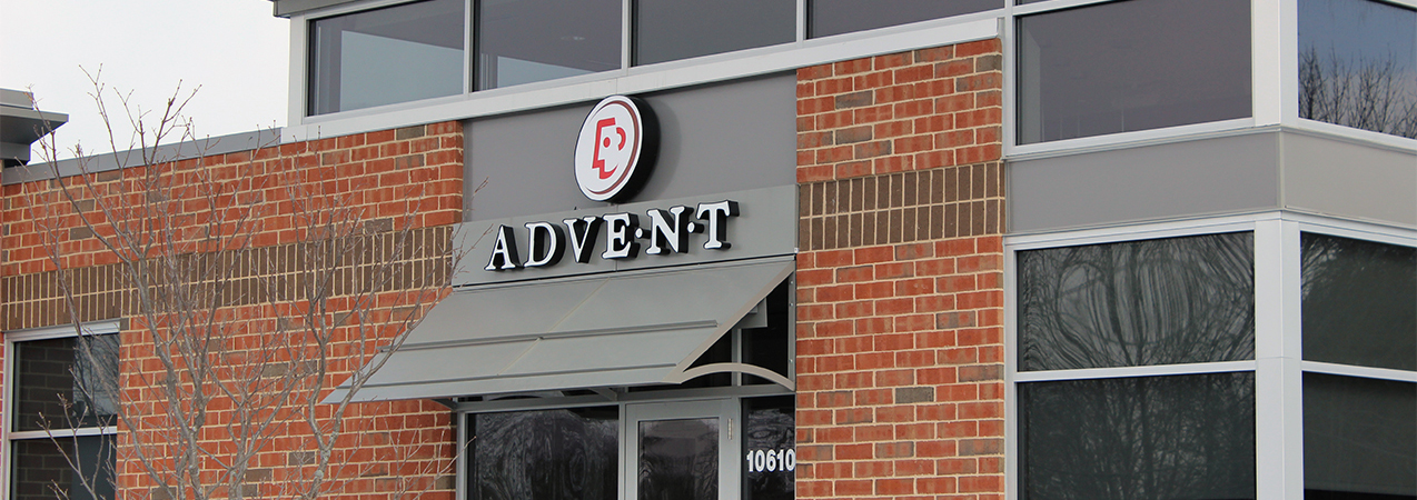 Front door and sign for Advent healthcare in Mequon, WI, which was remodeled by Tri-North Builders.