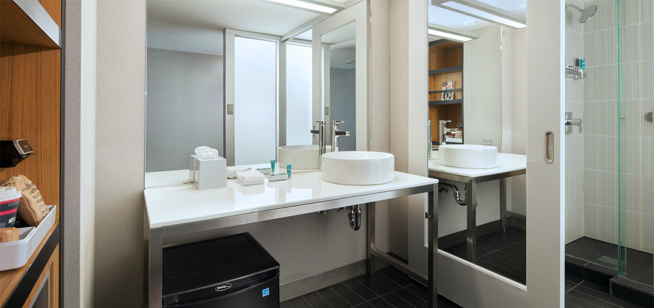 Remodeled bathroom inside the Aloft San Francisco Airport hotel as constructed by Tri-North Builders.