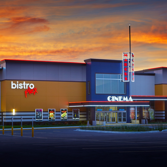 Front entrance and sign of Bistroplex Southridge theaters in Greendale, WI, built by Tri-North Builders.