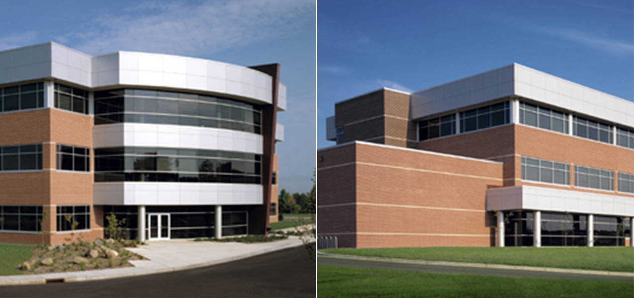 Two photos showing front and side of the Charter Communications Building in Wisconsin a Tri-North Builders project.