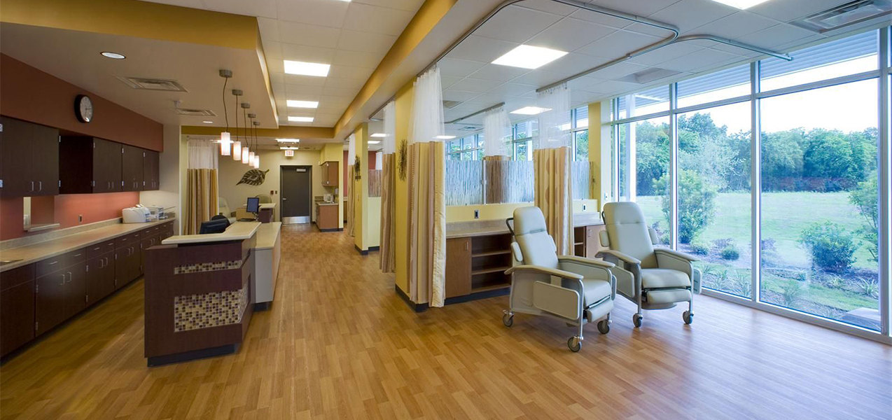 Interior and treatment areas, with windows, of the remodeled Cancer Institute of Dallas, a Tri-North Builders construction project.