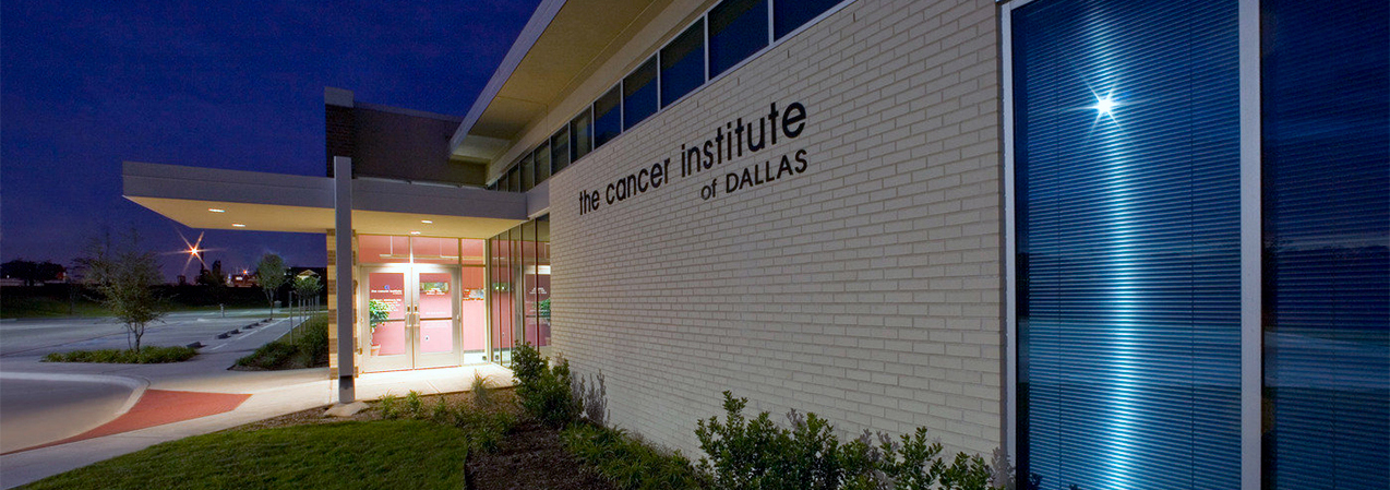 Front entrance, door and parking lot of The Cancer Institute of Dallas which was a Tri-North Builders project in Texas.