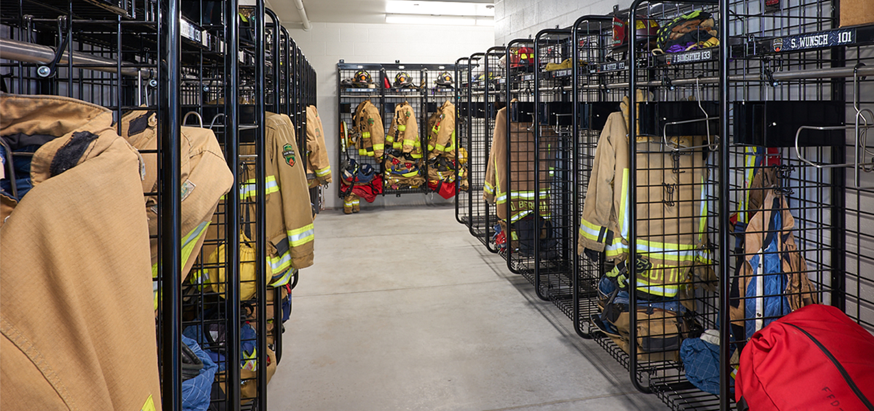 Fitchburg, WI, fire station locker room and firemen's jackets.