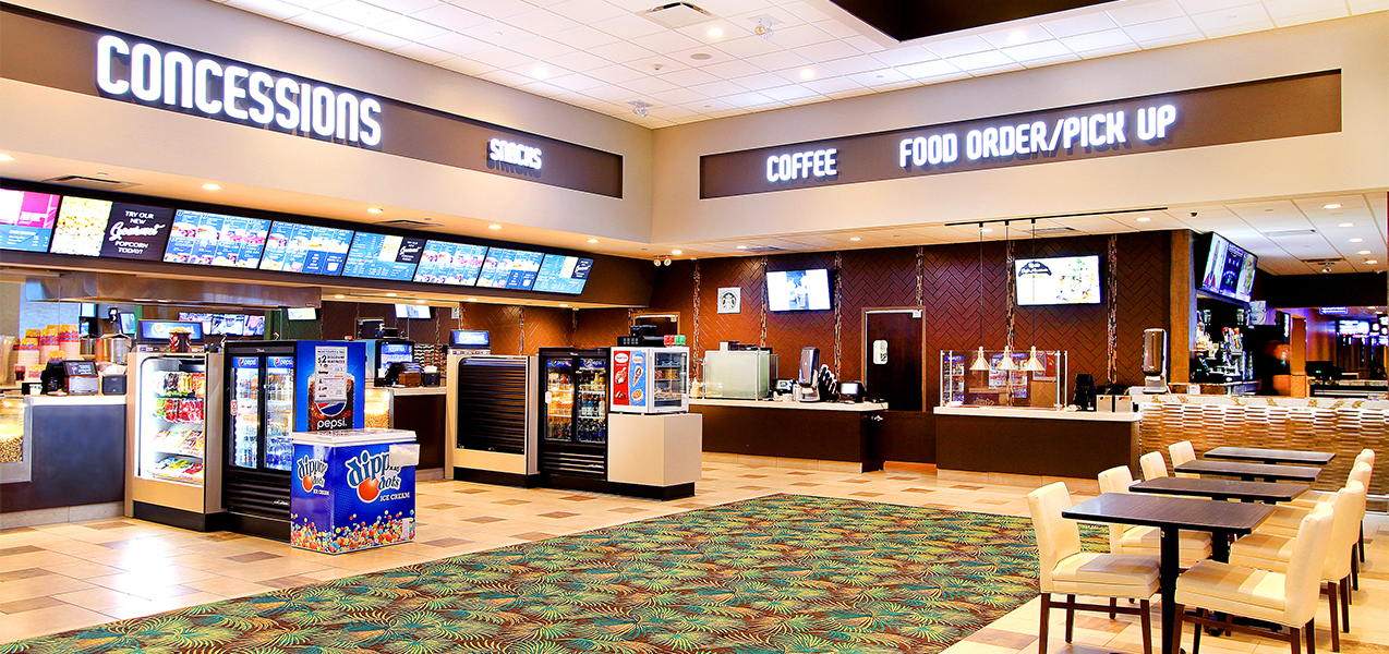 Concession stand and drink machines inside Fridley Palms movie theater complex which is a Tri-North Builders project.