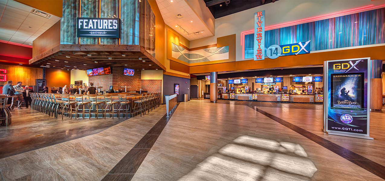 Lobby area, concession stand and dining room inside the Tri-North Builders project at GQT Riverview movie theater.
