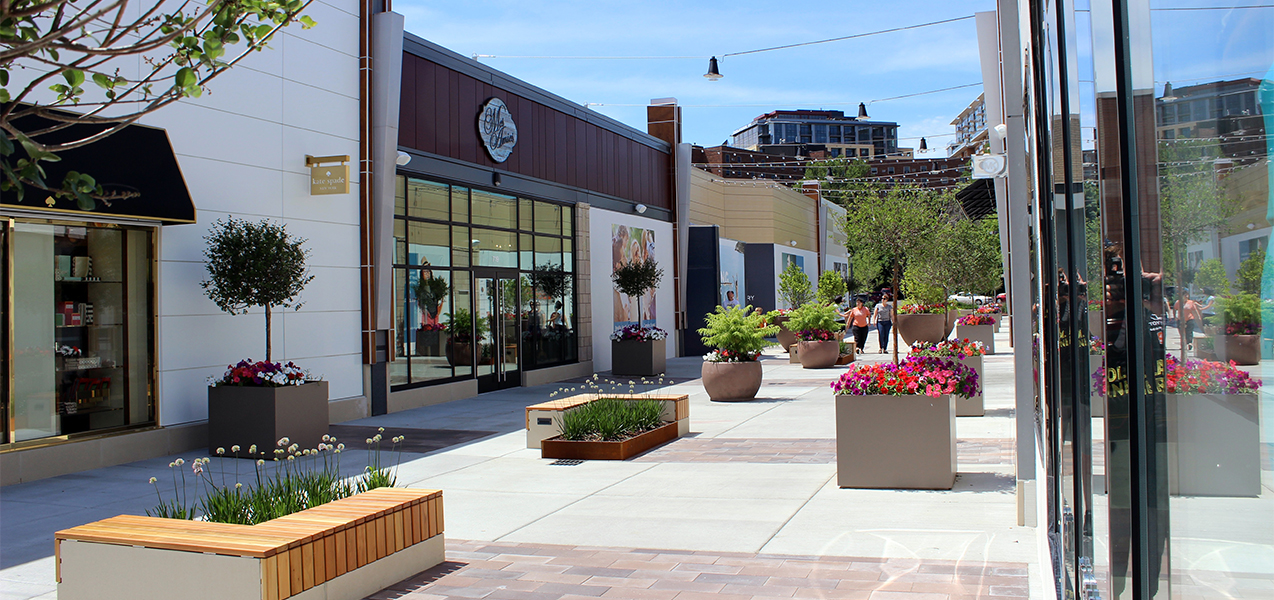 More stores and outdoor space, including plants at the Hilldale outdoor mall in Madison, WI.