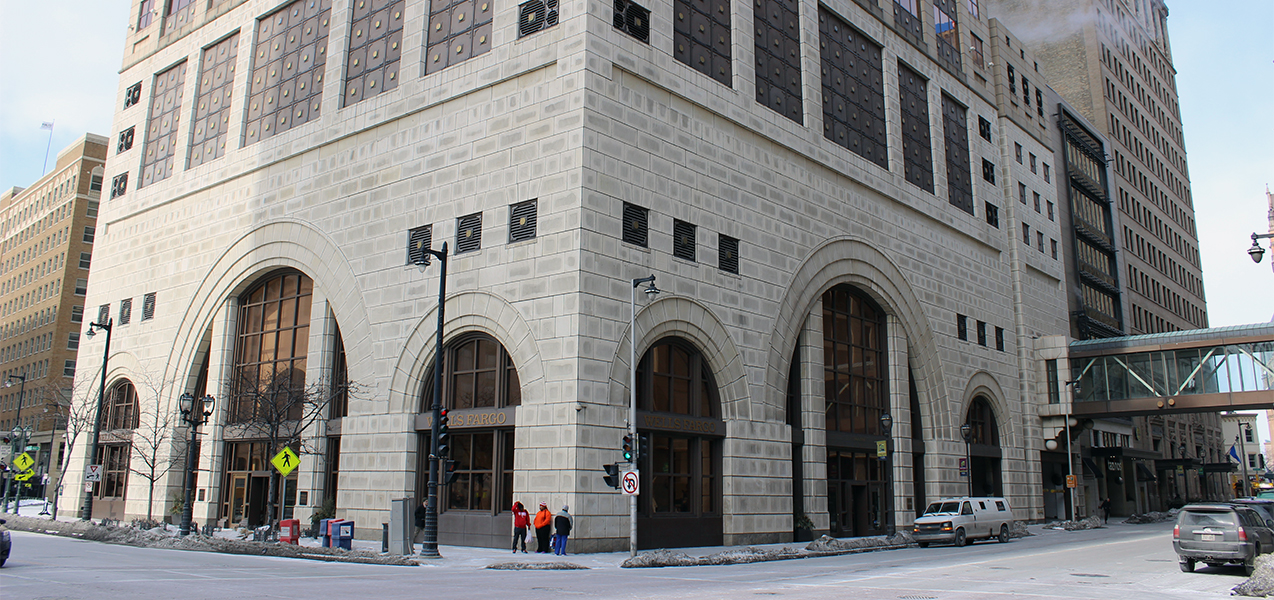 Two sides of the Marcus Corporation Headquarters building in downtown Milwaukee, WI, remodeled by Tri-North Builders.