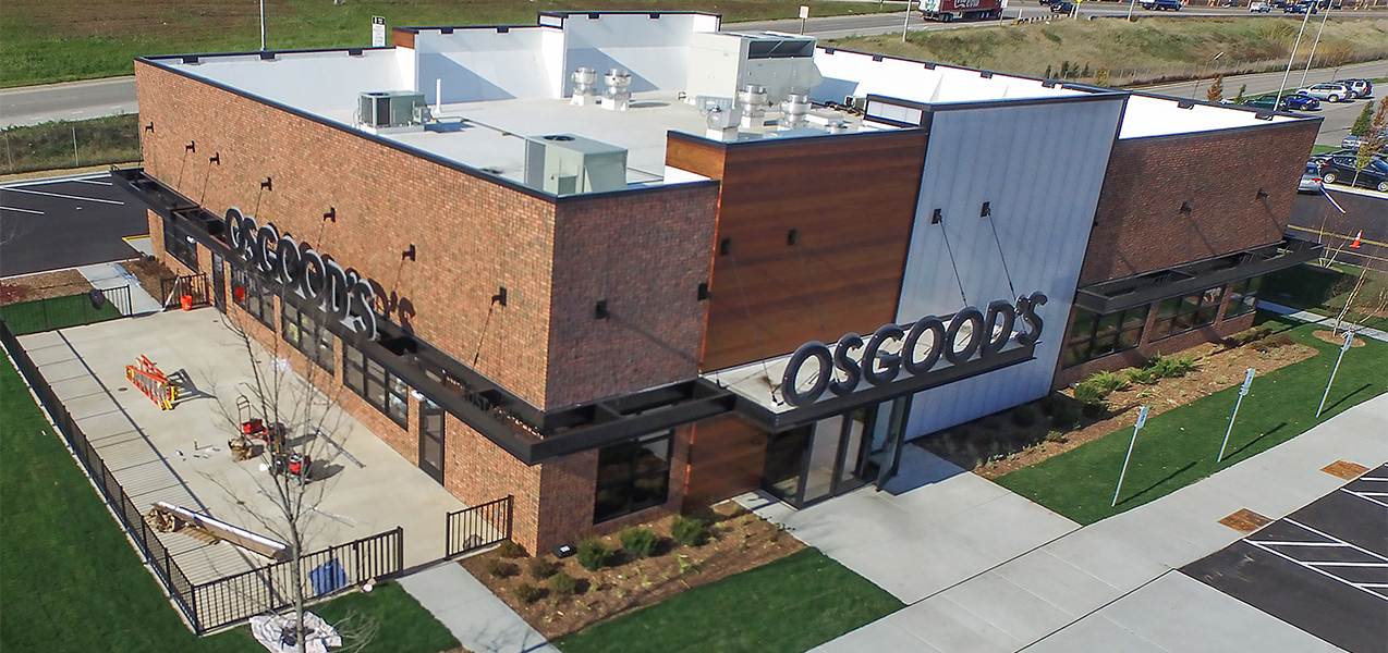 Aerial photo of Osgood's Restaurant with patio and parking lot in Wisconsin
