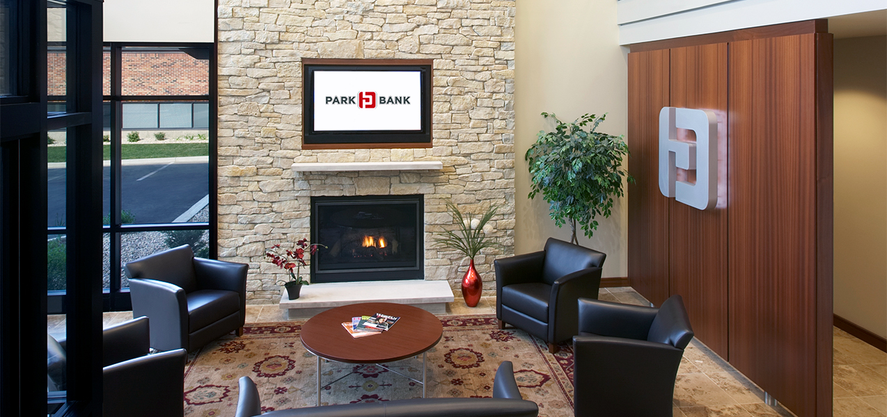 Fireplace and waiting area in the main lobby of the Park Bank Corporate Headquarters in Madison, WI.