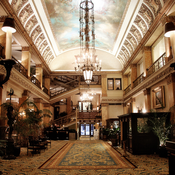 Newly remodeled lobby interior at the Pfister Hotel in downtown Milwaukee, a Tri-North Builders project.