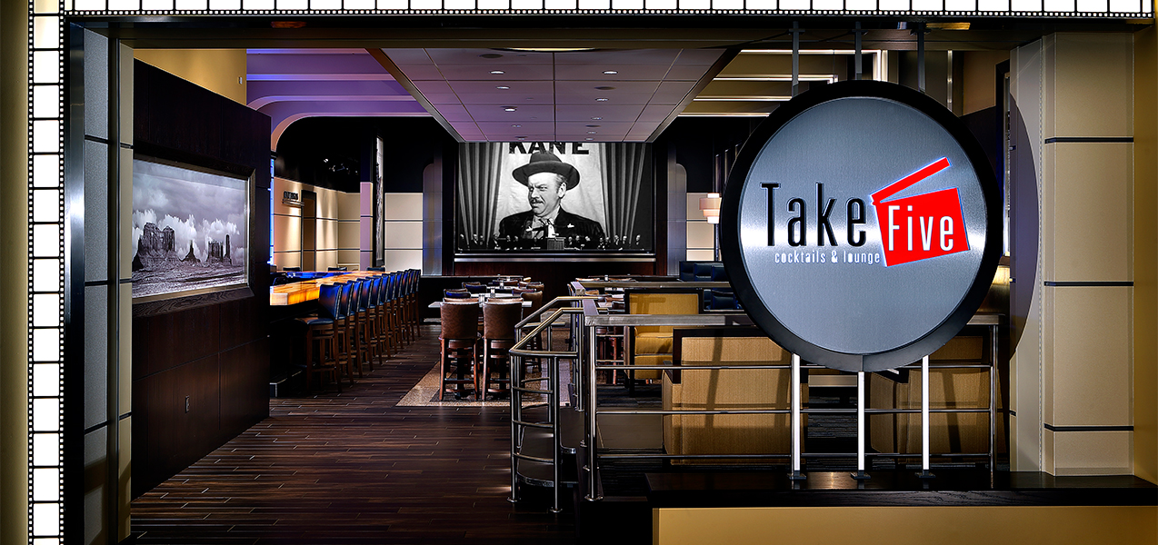 Take 5 lounge after Tri-North Builders remodeled inside Marcus Point Cinema theater in Madison, WI.