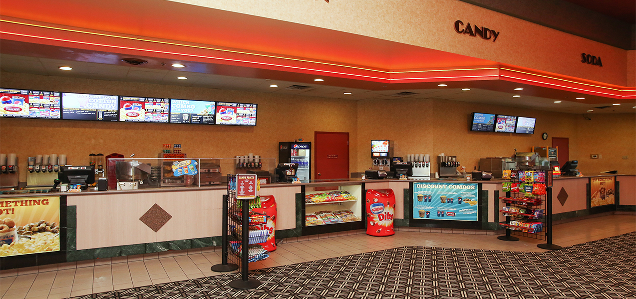 Concession stand inside the Rosemont movie theater in the lobby of the theater complex.