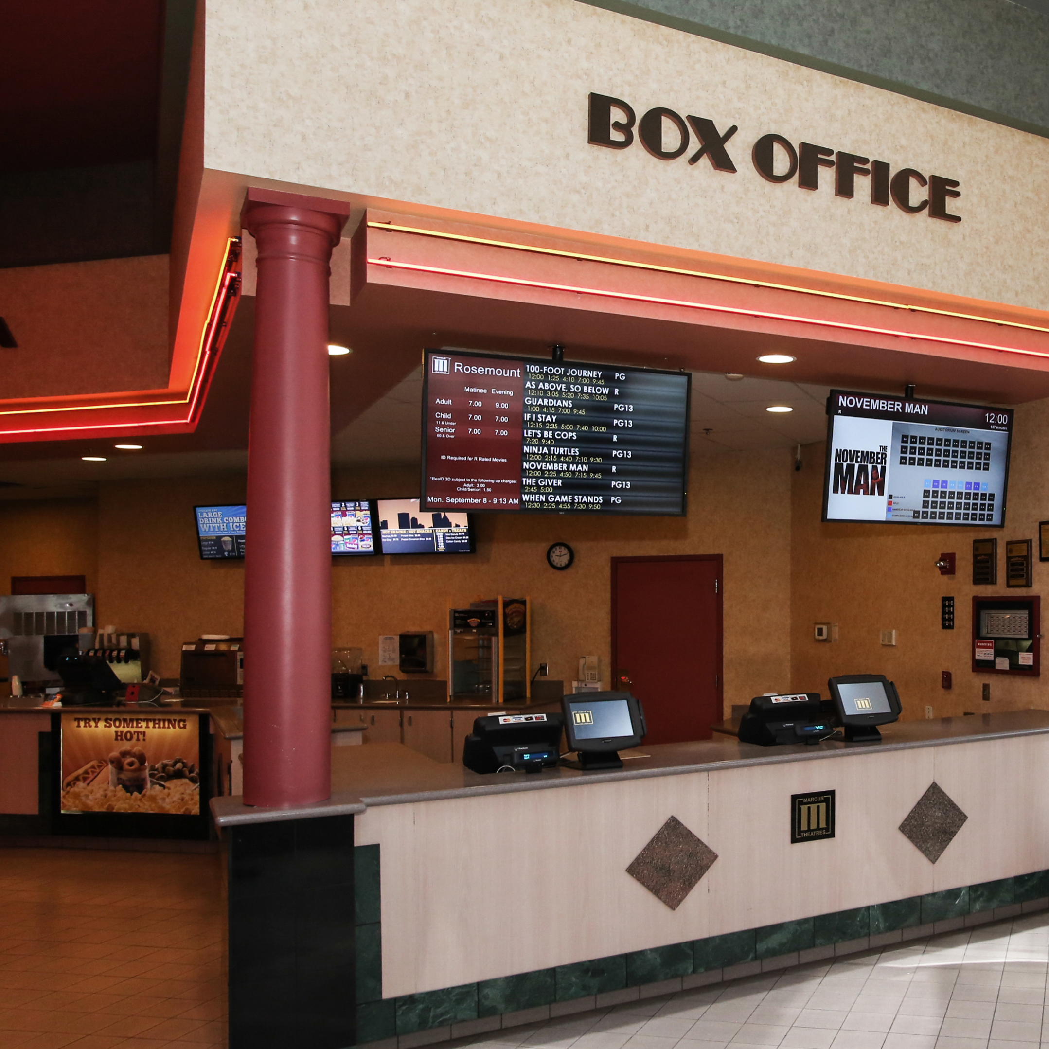 Tri-North Builders construction project showing the box office at the Rosemont, IL, Movie Theater.