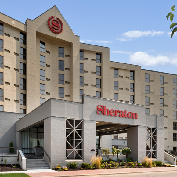 Front entrance and building for the Tri-North Builders remodeled Sheraton Madison hotel in Madison, WI.