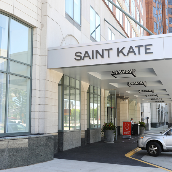 Front entrance at the Tri-North Builders remodeled Saint Kate hotel in downtown Milwaukee, WI.