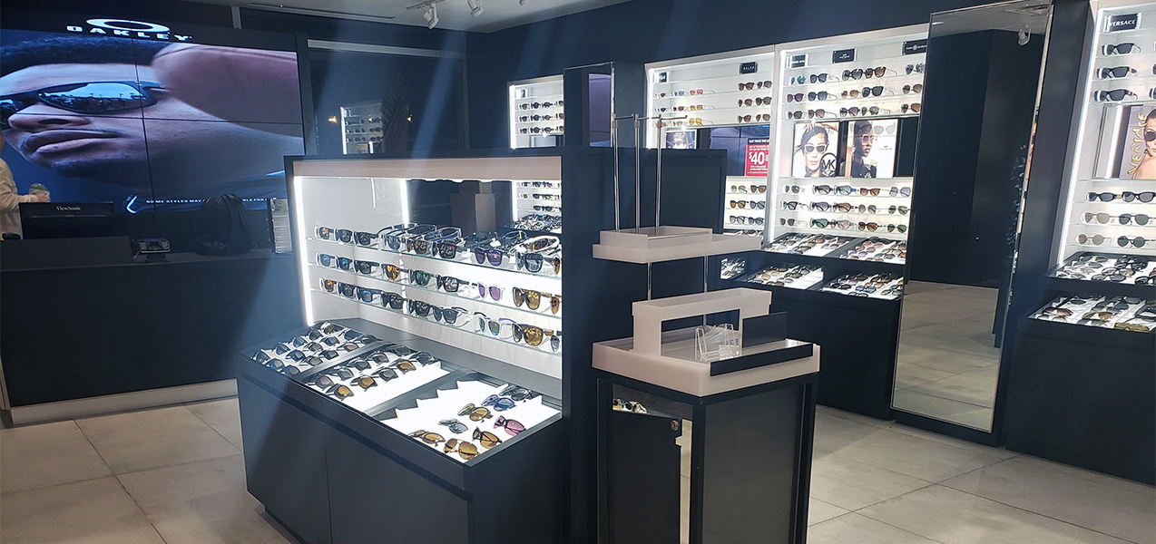 Custom displays feature product at Sunglass Hut, a Tri-North project.