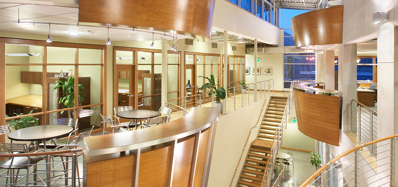 Interior of the Tri-North Builders HQ featuring stairs, conference room and other areas located in Fitchburg, WI.