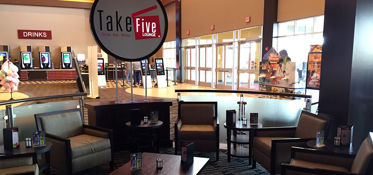 Circular seating area showing front entrance of the Take Five Lounge in Madison, Wisconsin, built by Tri-North.