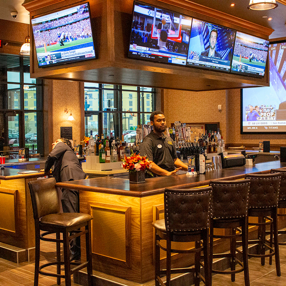 The bar and lounge area inside the Movie Tavern in Brookfield, WI, a Tri-North Builders project.
