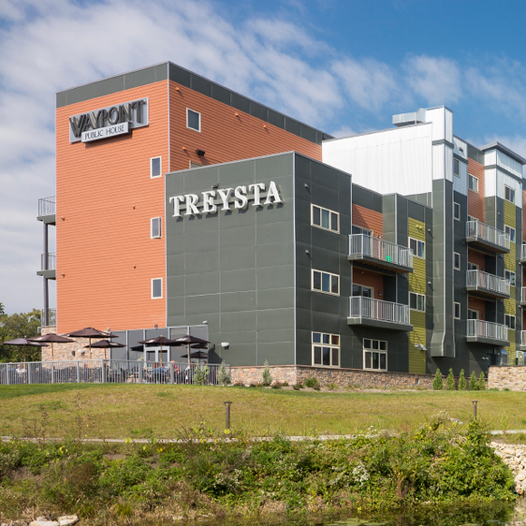 Remodeled Treysta apartments in Wisconsin showing balconies and exterior by Tri-North Builders.