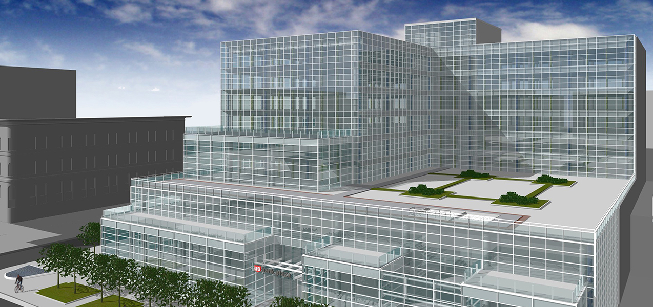 Concept image of the US Bank headquarters produced by Tri-North Builders showing entire building.
