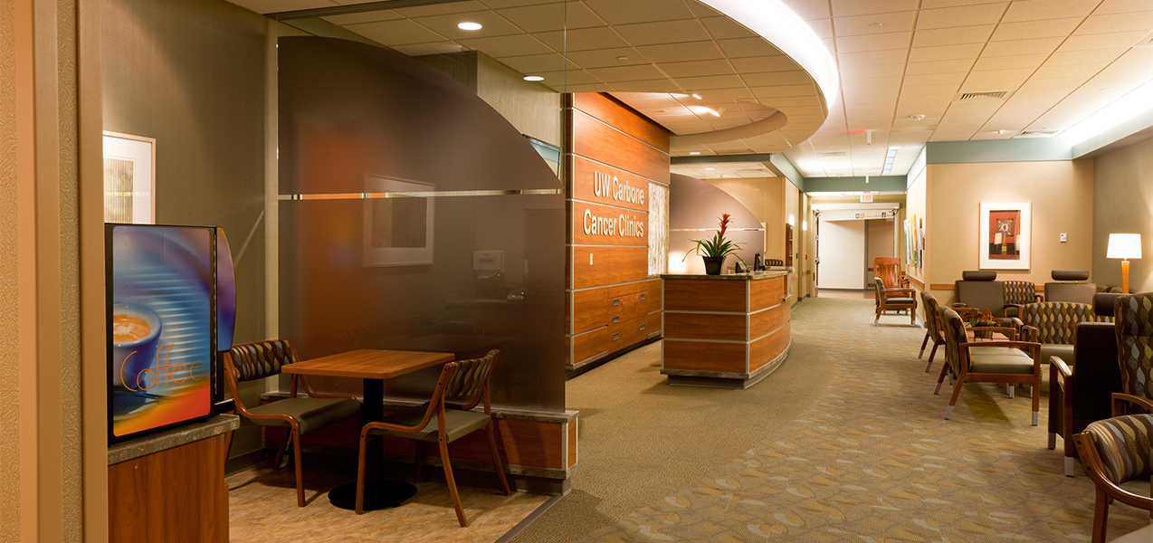 Patient registration and reception area inside the UW Cancer Center remodeled by Tri-North Builders.