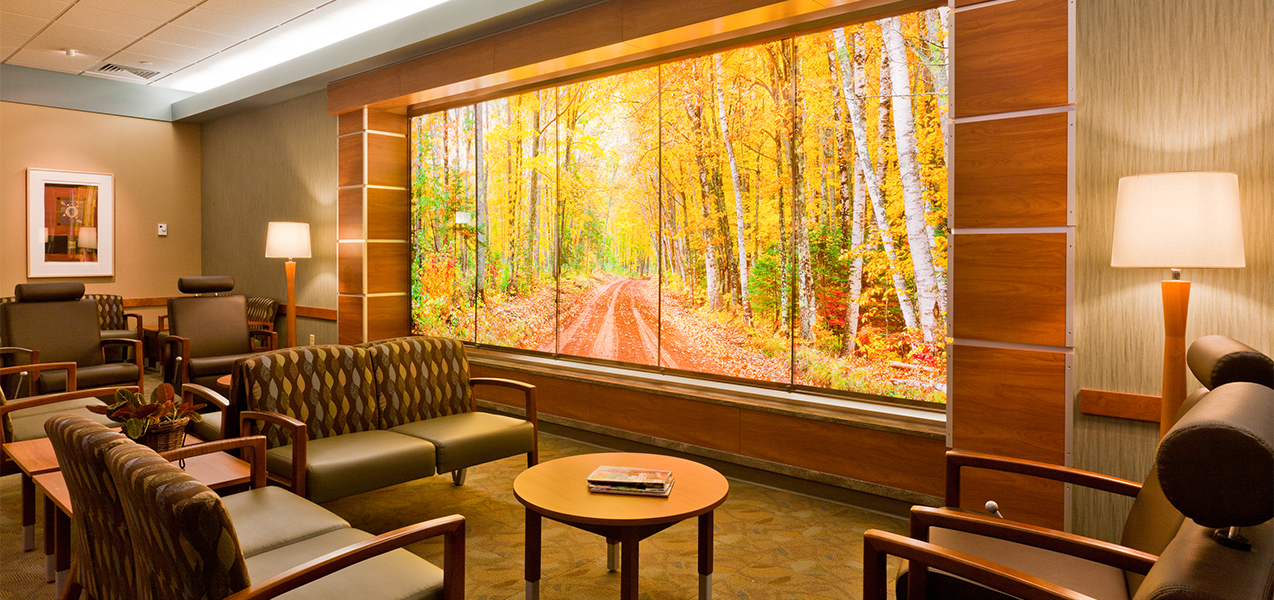 Waiting area with chairs and outdoor image inside the UW Carbone Cancer Center clinic built by Tri-North Builders.