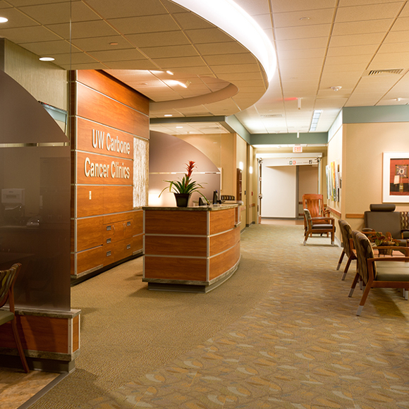 Front reception area for the Tri-North Builders remodel project at the UW Carbone Cancer Center in Wisconsin.