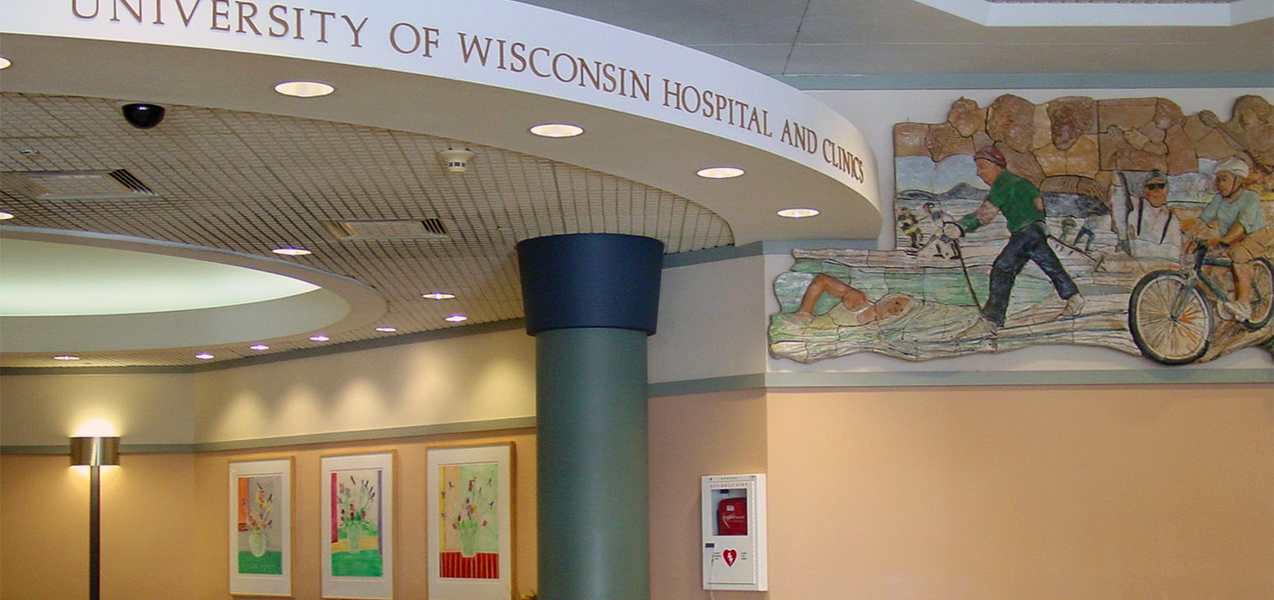 Reception area and mural on wall for Tri-North Builders project at UW Hospitals in Wisconsin.