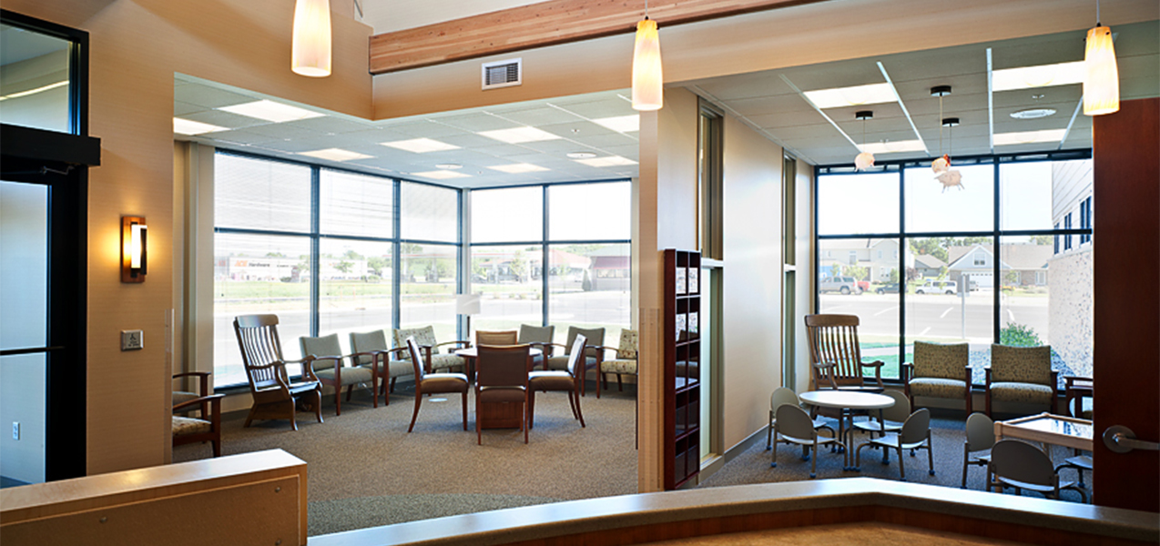 Waiting area and front windows inside the Tri-North Builders project for the UW Health Stoughton Clinic in Stoughton, WI.