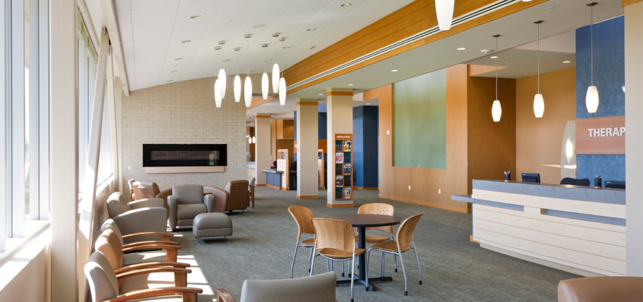 Reception and waiting area inside the Tri-North Builders project for Unity Point Meriter DeForest in Wisconsin.