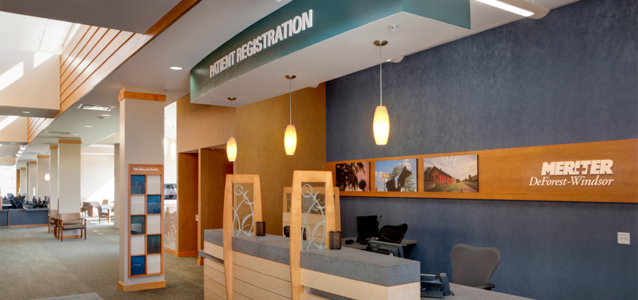 Patient registration area in the Tri-North Builders remodeled Unity Point Meriter DeForest, WI, clinic.