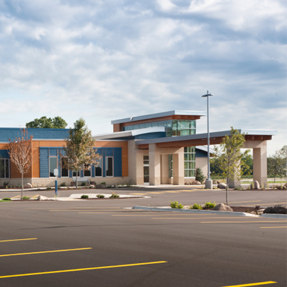 Front entrance and parking lot for the Unity Point Meriter Deforest medical building in DeForest, WI.