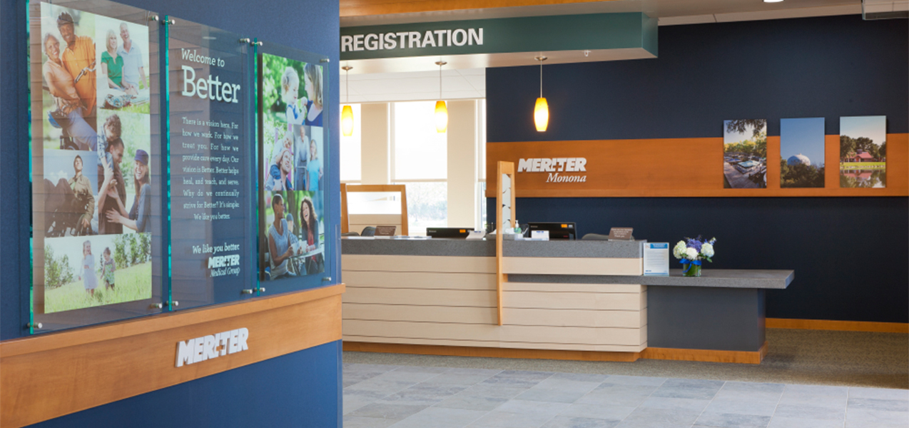 Patient registration desk in the Tri-North Builders remodeled Unity Point Meriter Monona, WI, medical clinic.