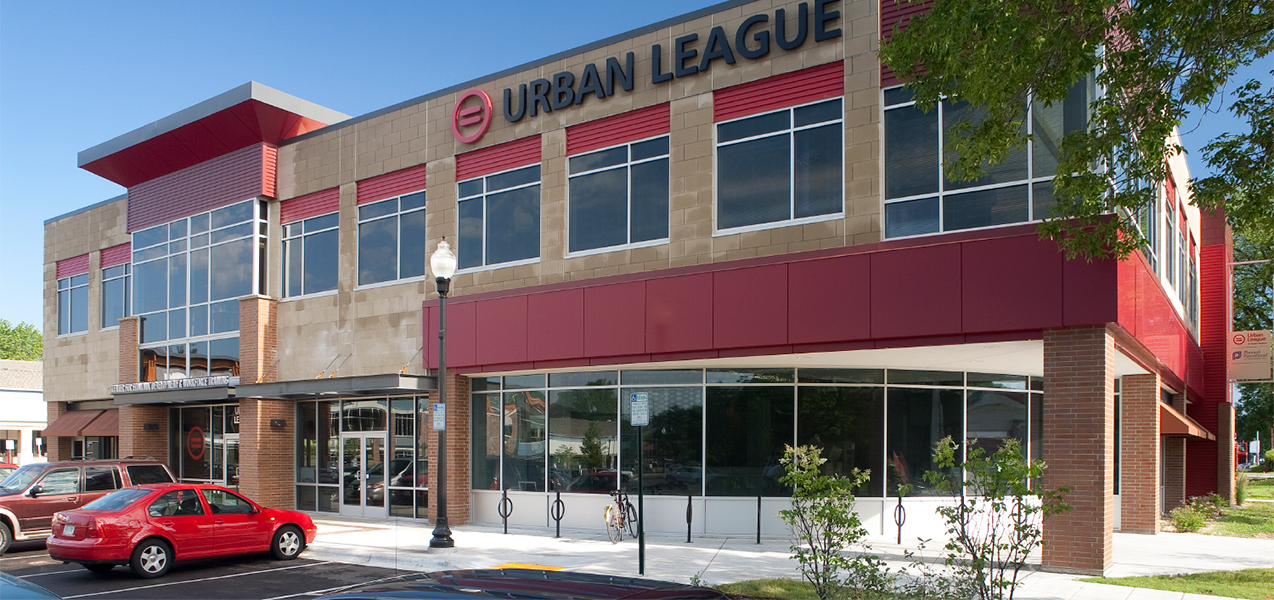 Madison, WI, Urban League building front door, windows and parking lot.
