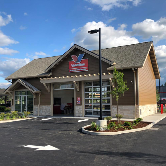 The exterior of a 2-bay Valvoline location, built by Tri-North.