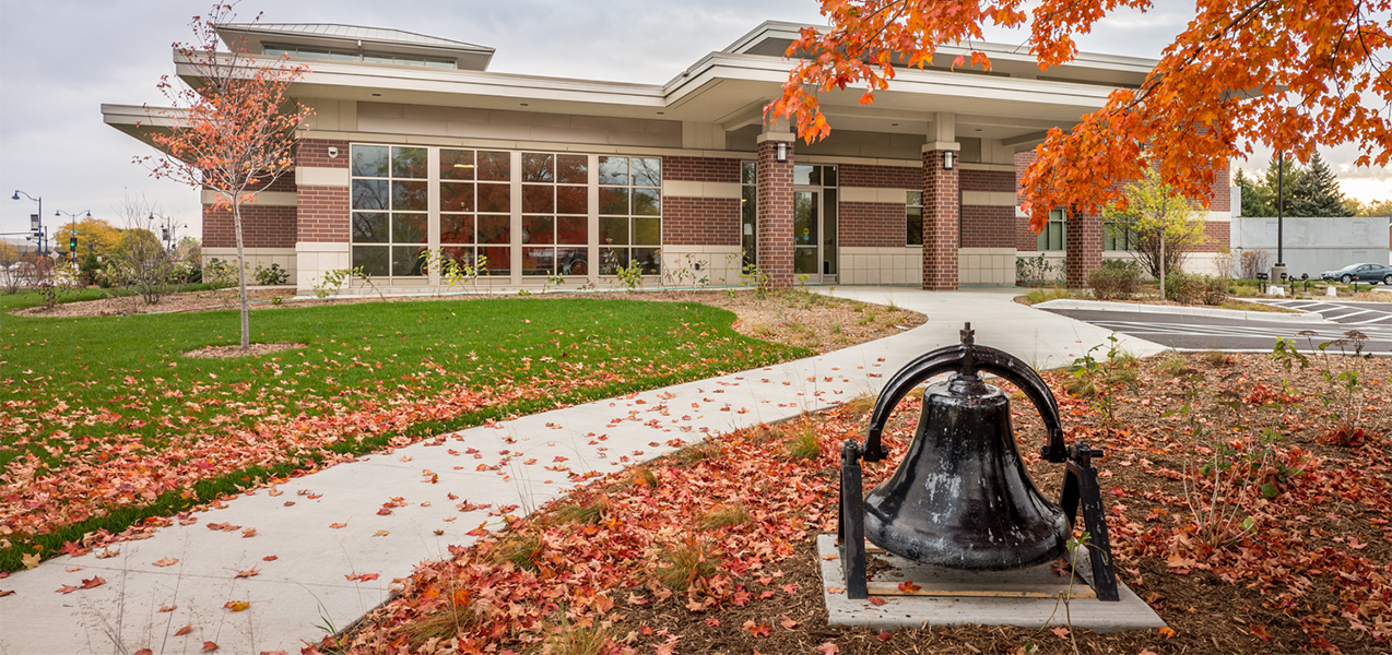 Rear entrance to the Verona, WI, Fire Department building with bell.