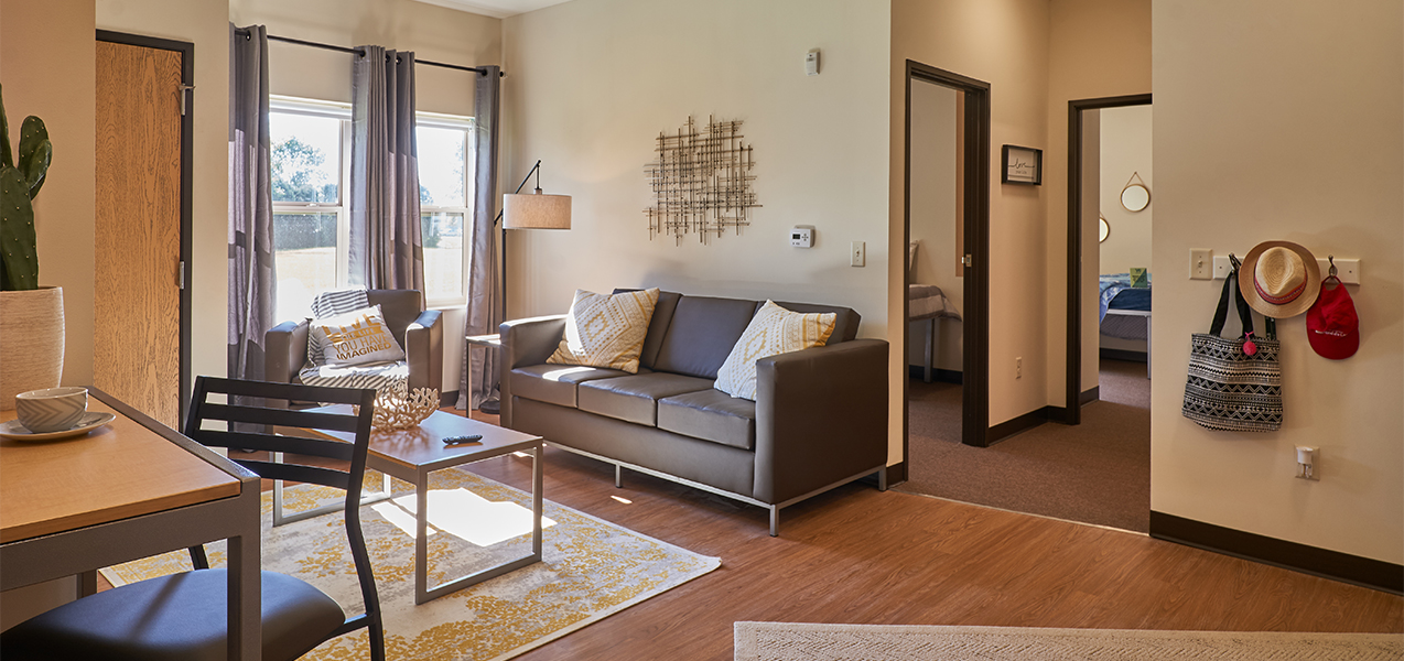 Interior living space inside the Vue Student Housing complex remodeled by Tri-North Builders in Fond du Lac, WI.