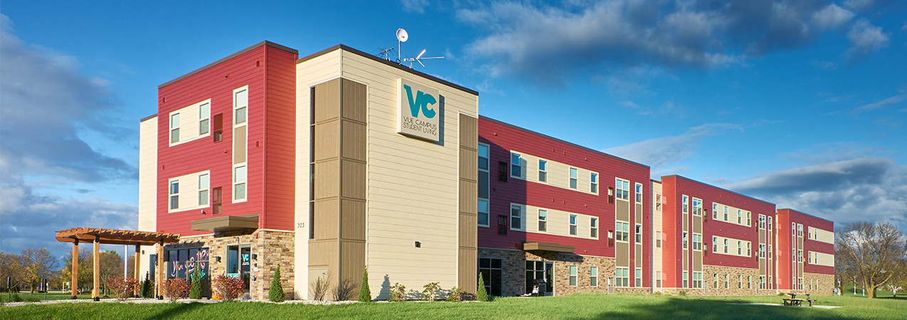Front and side of the remodeled by Tri-North Builders Vue Campus Student Living building in Wisconsin.