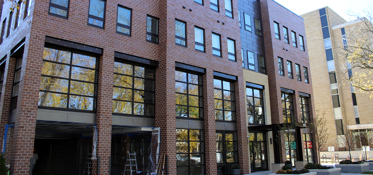 Windows and brick work at the Tri-North Builders project site at Washington Plaza apartments in Madison, WI