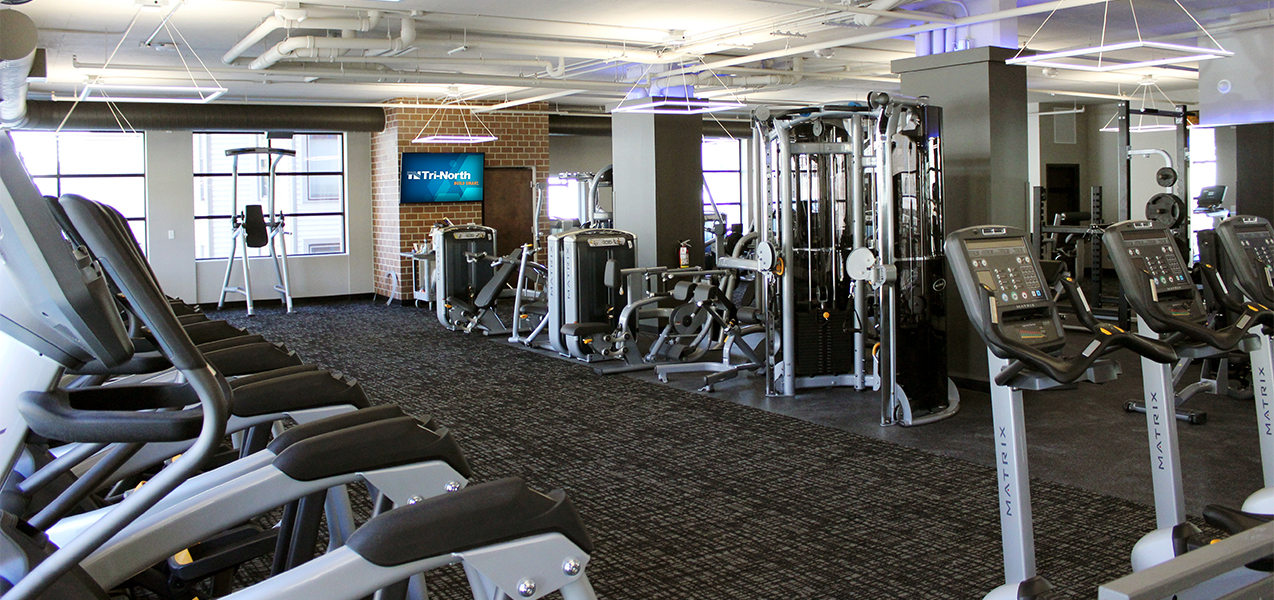 Fitness equipment inside the Tri-North Builders remodeled Washington Plaza apartments in Madison, Wisconsin.