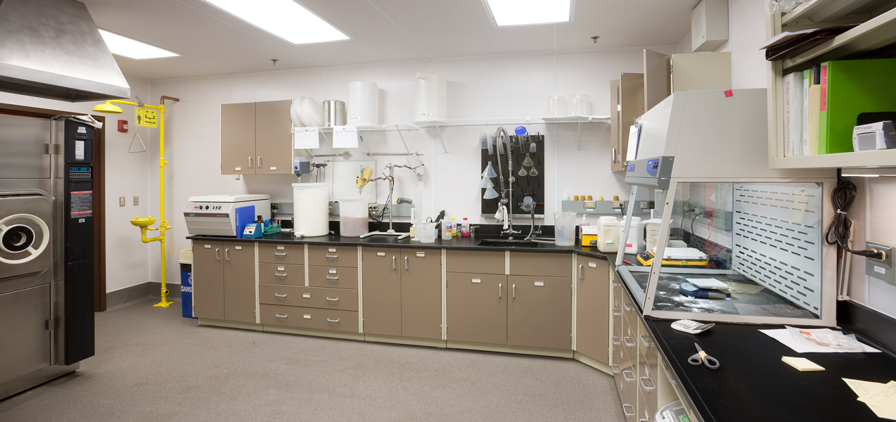 A loboratory in the Danisco building features a bench with a sink, emergency eye wash station, a fume hood and more.