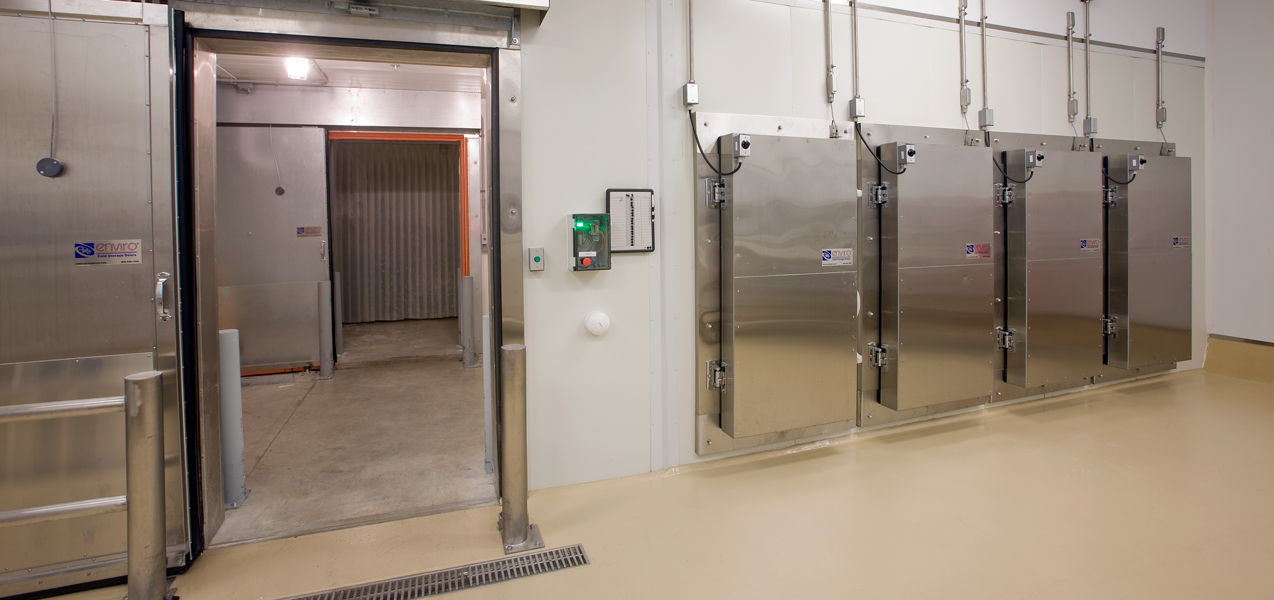 Four metal doors lead to specially built freezers in the Danisco laboratory building.